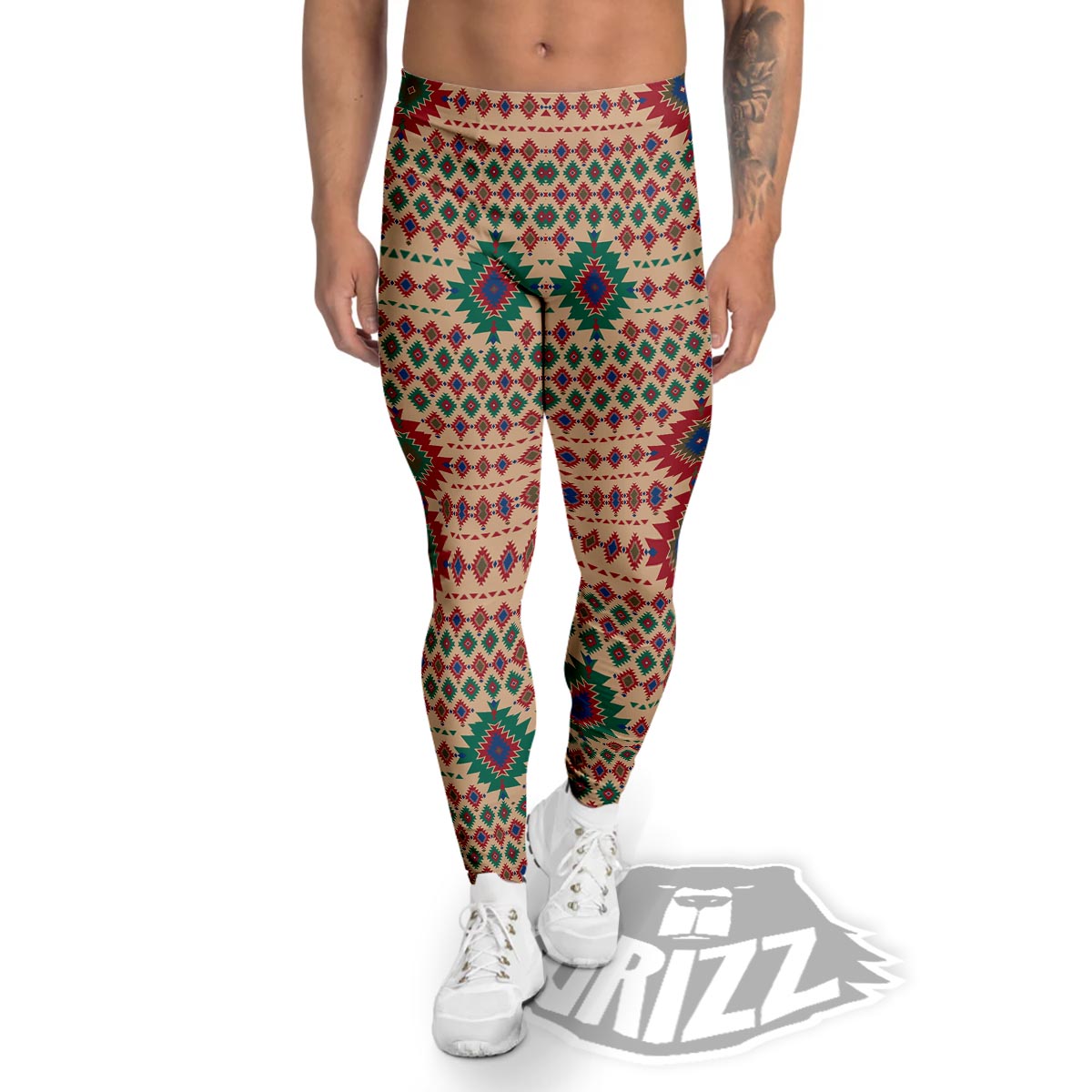 Southwestern Beige And Red Print Pattern Men's Leggings-grizzshop