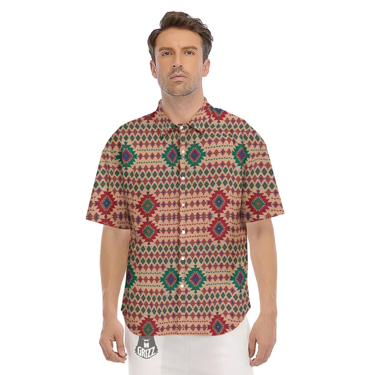 Southwestern Beige And Red Print Pattern Men's Short Sleeve Shirts-grizzshop