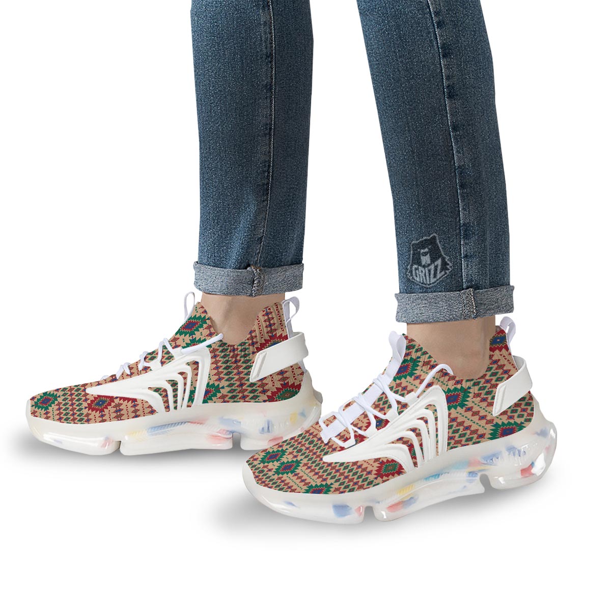 Southwestern Beige And Red Print Pattern White Gym Shoes-grizzshop