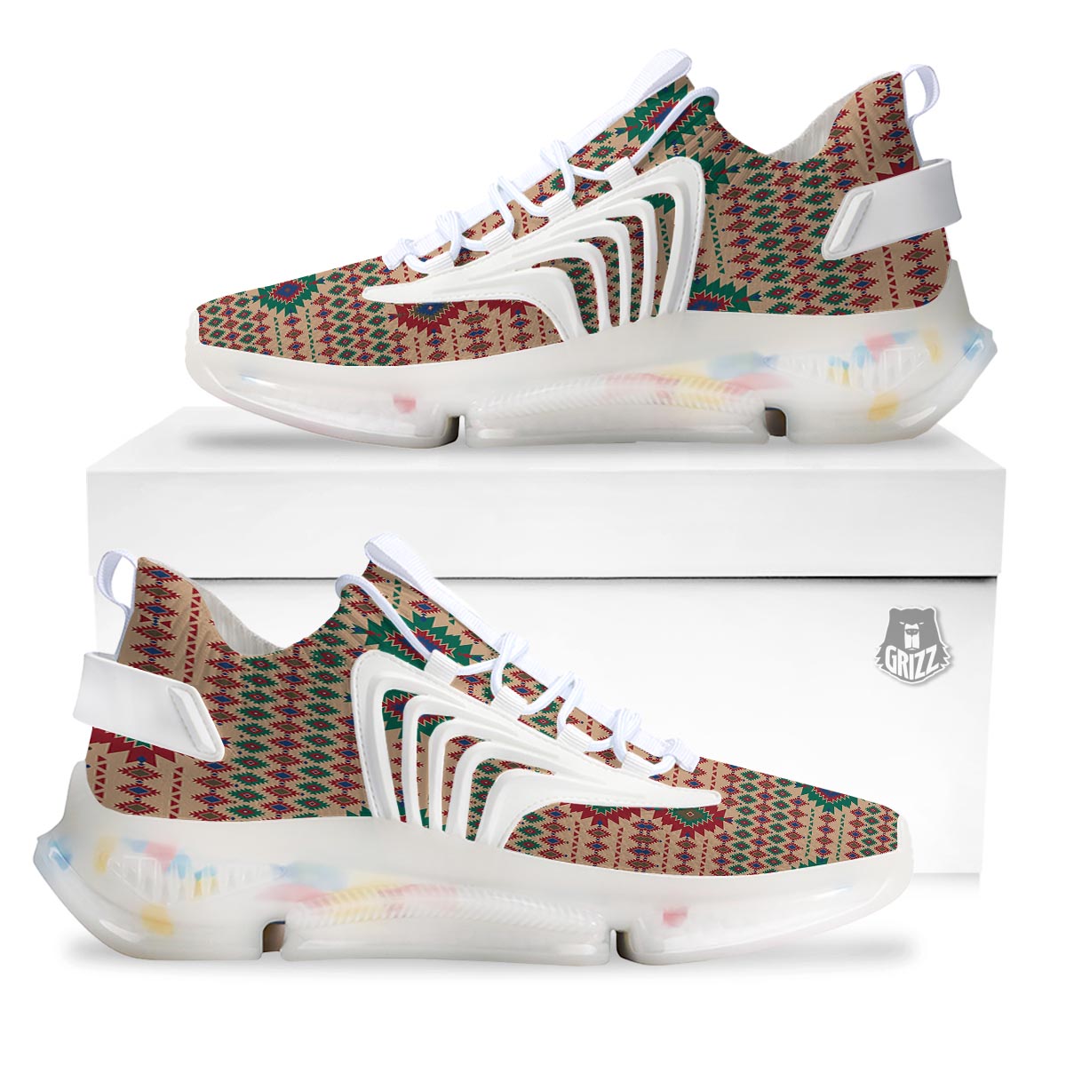 Southwestern Beige And Red Print Pattern White Gym Shoes-grizzshop