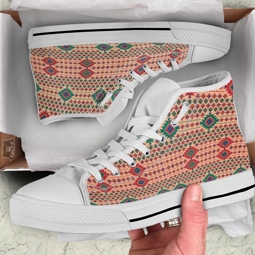 Southwestern Beige And Red Print Pattern White High Top Shoes-grizzshop