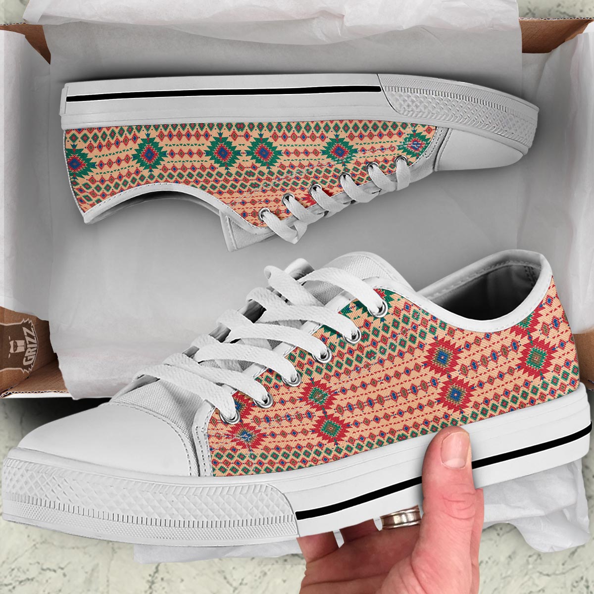 Southwestern Beige And Red Print Pattern White Low Top Shoes-grizzshop