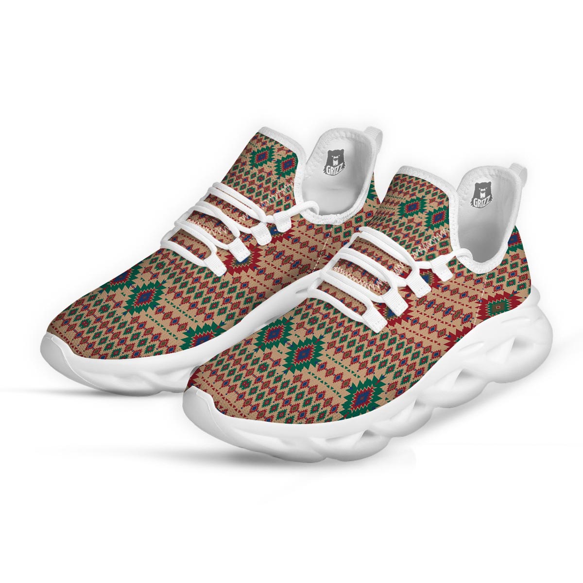Southwestern Beige And Red Print Pattern White Running Shoes-grizzshop
