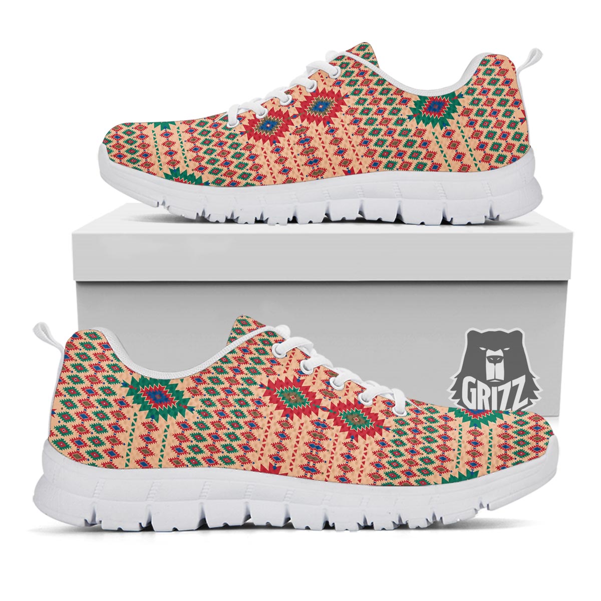 Southwestern Beige And Red Print Pattern White Sneaker-grizzshop