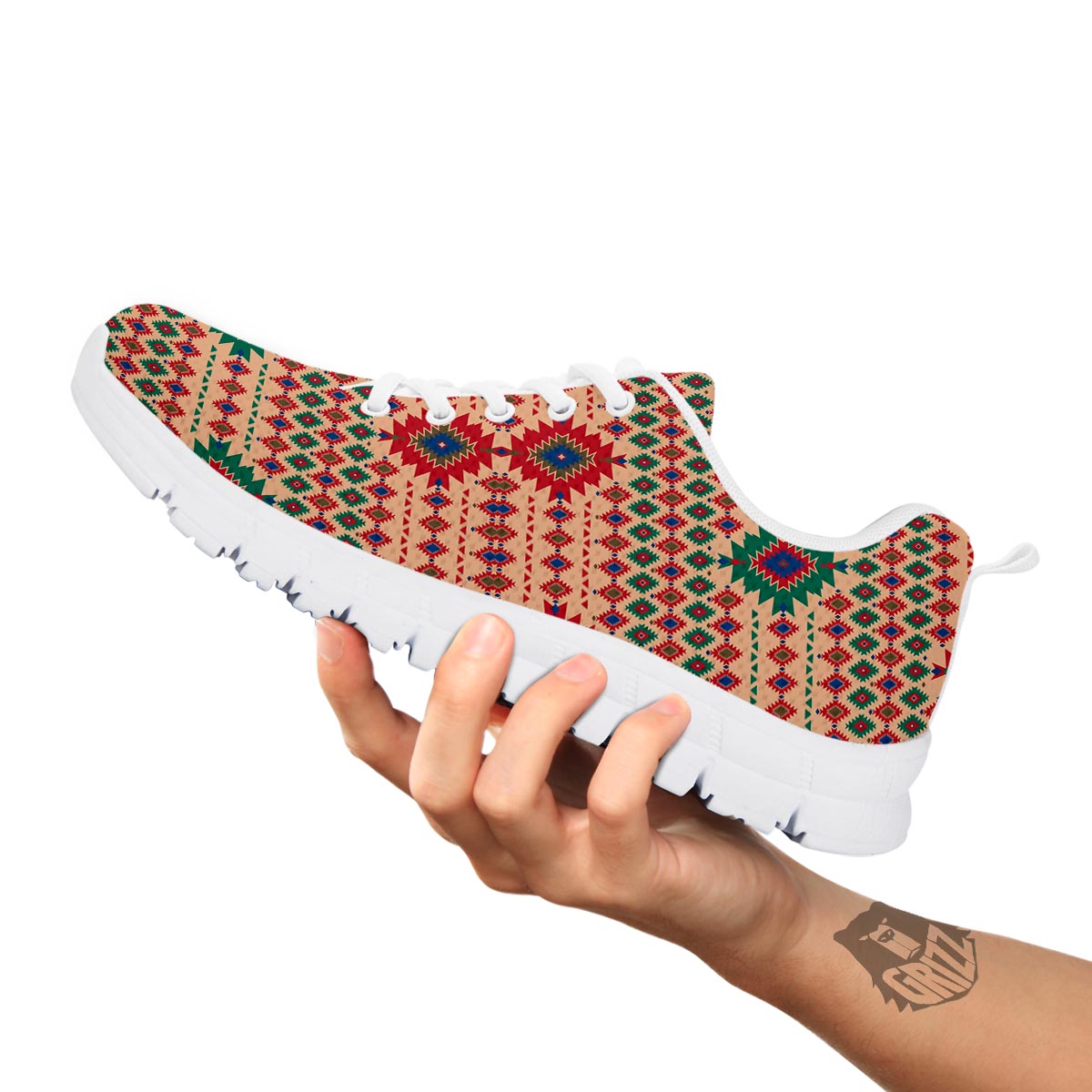 Southwestern Beige And Red Print Pattern White Sneaker-grizzshop