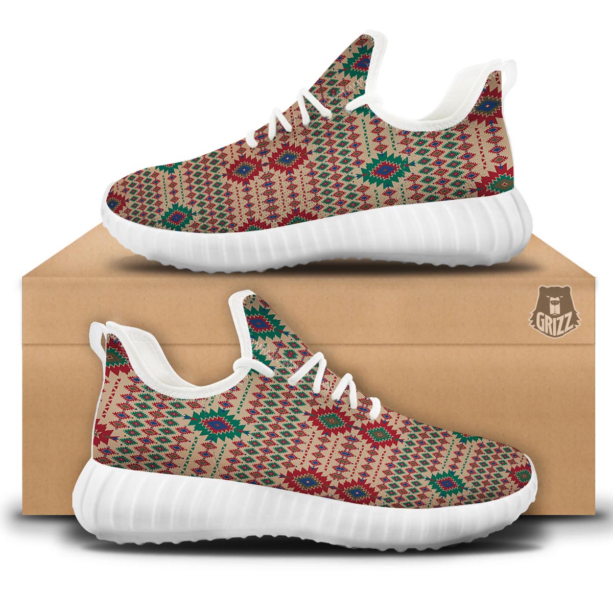 Southwestern Beige And Red Print Pattern White Walking Shoes-grizzshop