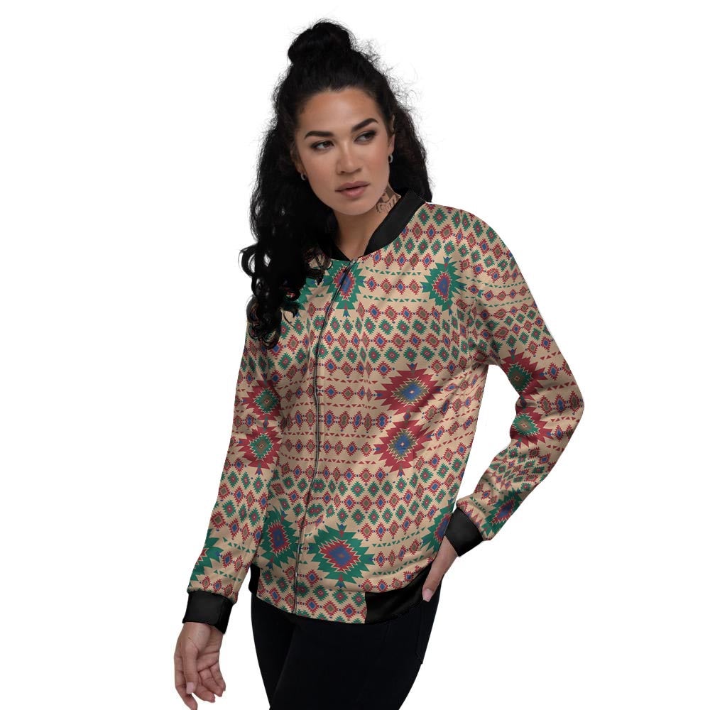 Southwestern Beige And Red Print Pattern Women's Bomber Jacket-grizzshop