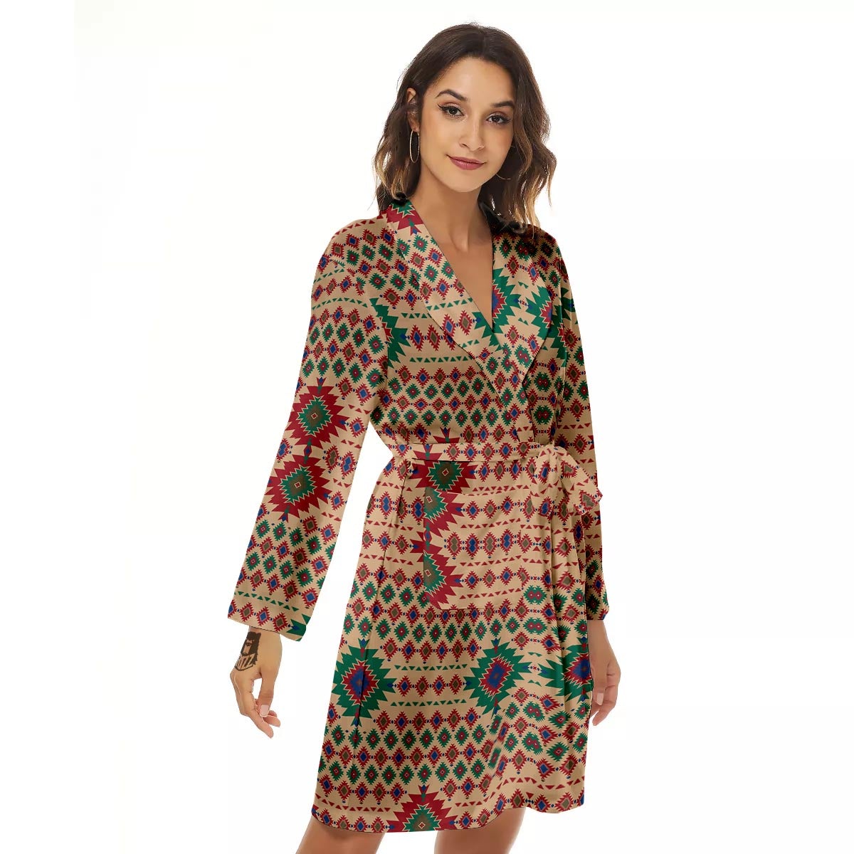 Southwestern Beige And Red Print Pattern Women's Robe-grizzshop