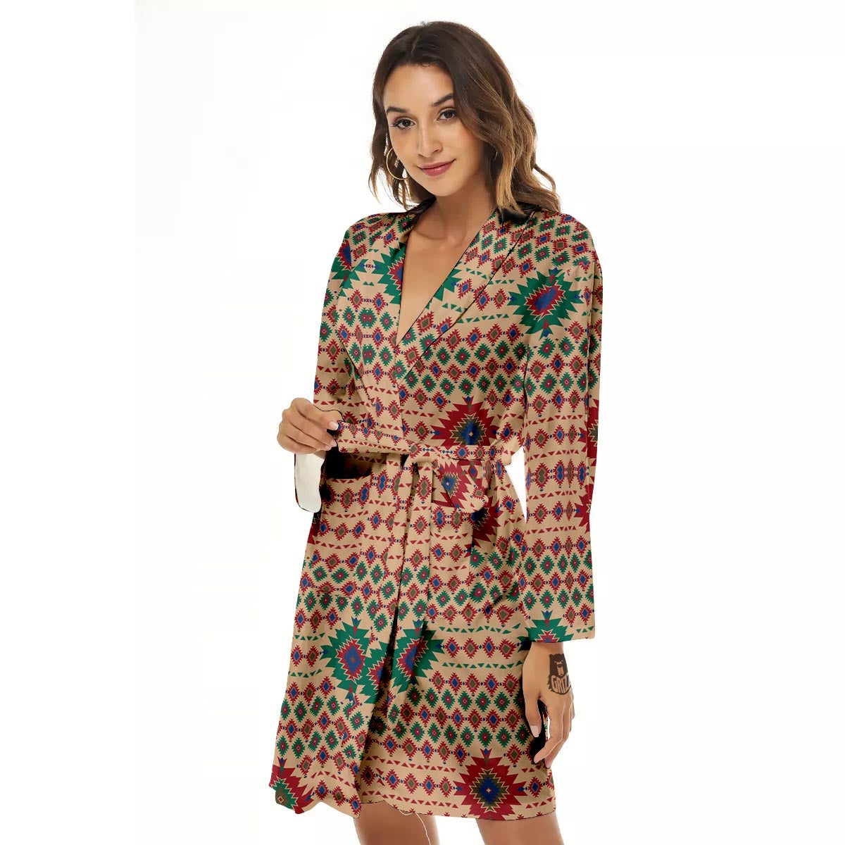 Southwestern Beige And Red Print Pattern Women's Robe-grizzshop