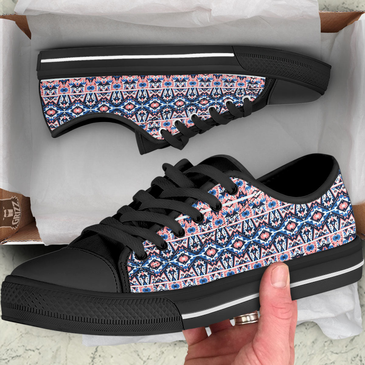Southwestern Blue And Pink Print Pattern Black Low Top Shoes-grizzshop