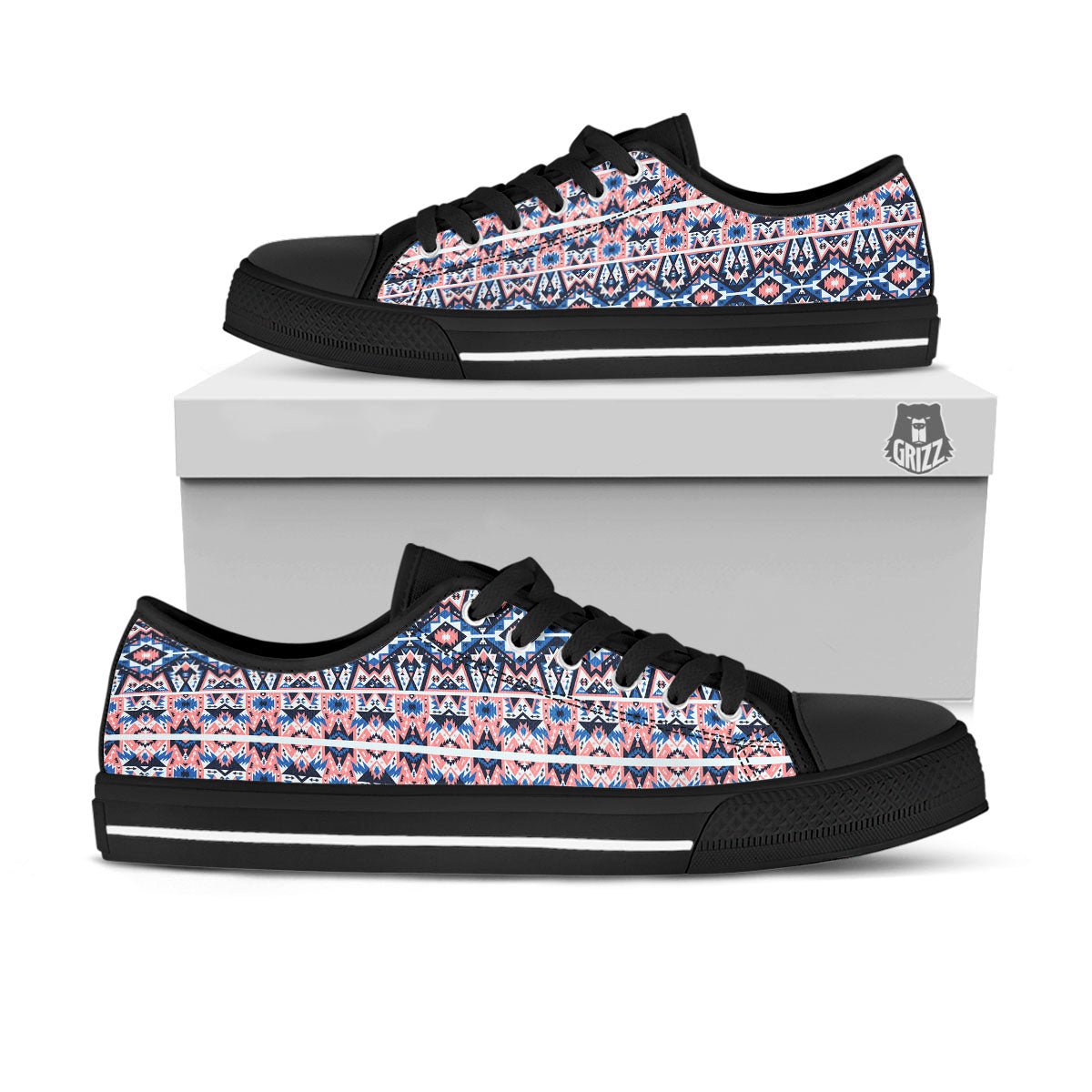 Southwestern Blue And Pink Print Pattern Black Low Top Shoes-grizzshop