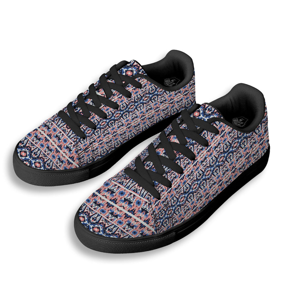 Southwestern Blue And Pink Print Pattern Black Low Top Sneakers-grizzshop