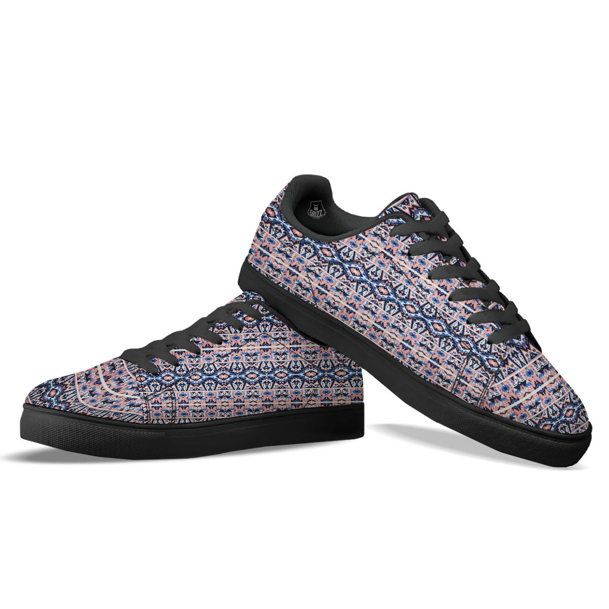 Southwestern Blue And Pink Print Pattern Black Low Top Sneakers-grizzshop