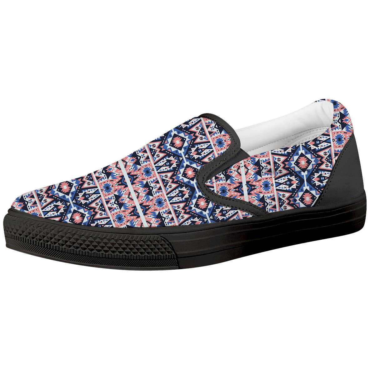 Southwestern Blue And Pink Print Pattern Black Slip On Shoes-grizzshop