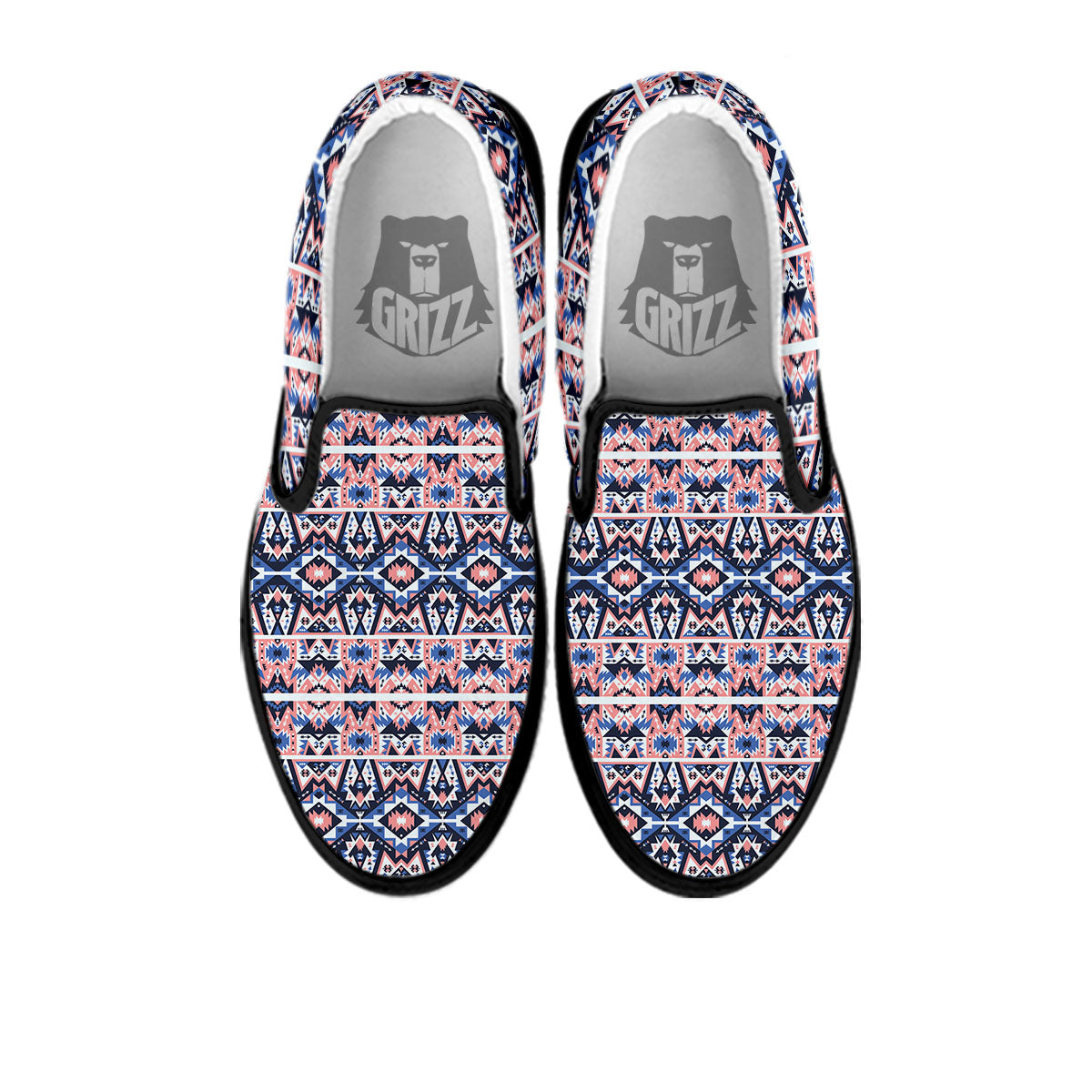 Southwestern Blue And Pink Print Pattern Black Slip On Shoes-grizzshop