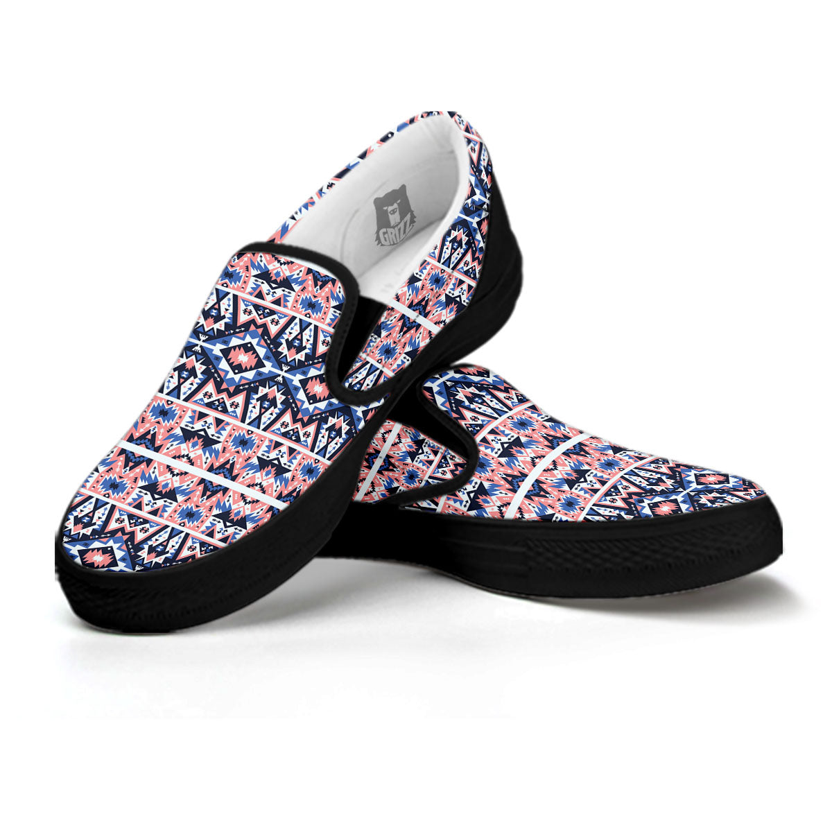 Southwestern Blue And Pink Print Pattern Black Slip On Shoes-grizzshop
