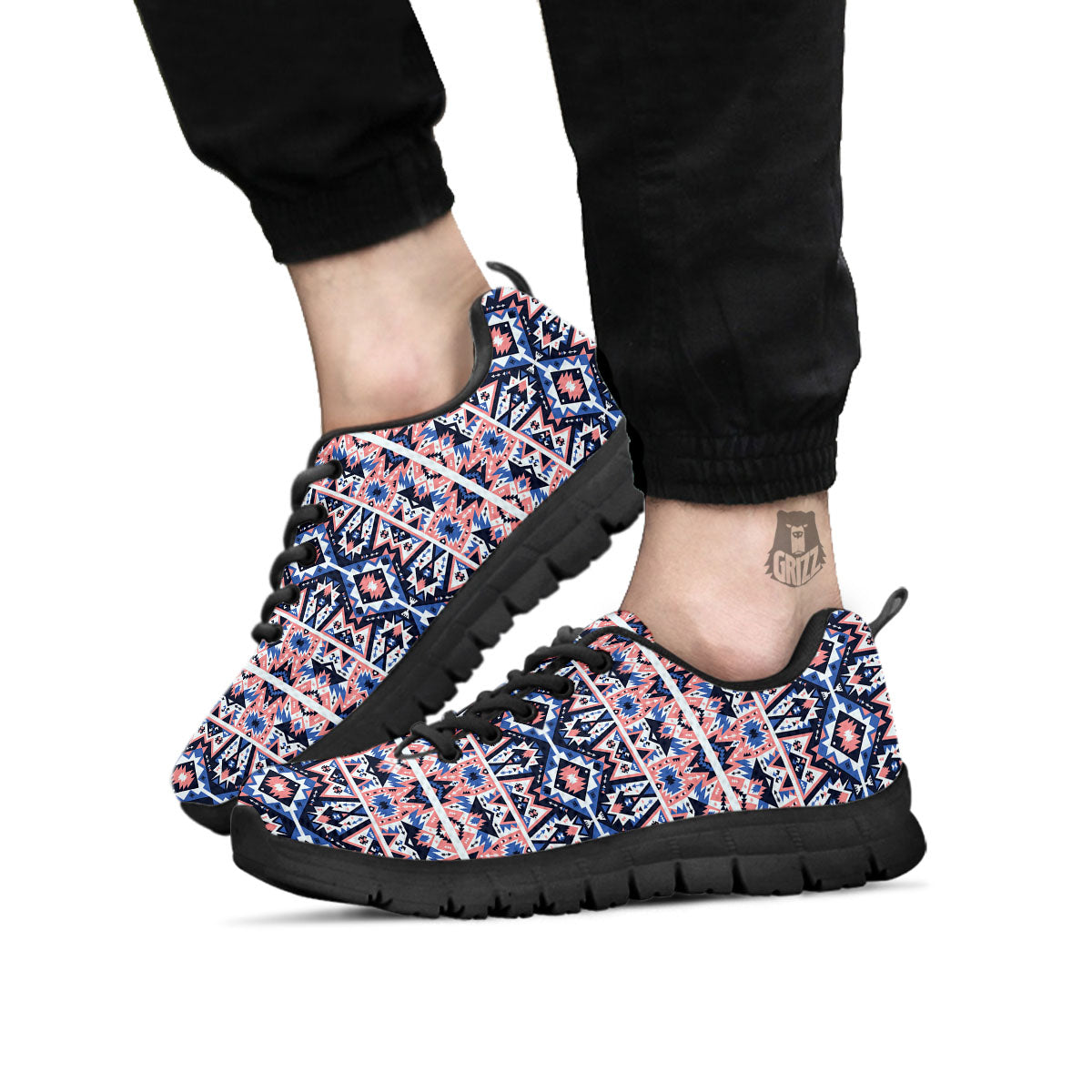 Southwestern Blue And Pink Print Pattern Black Sneaker-grizzshop