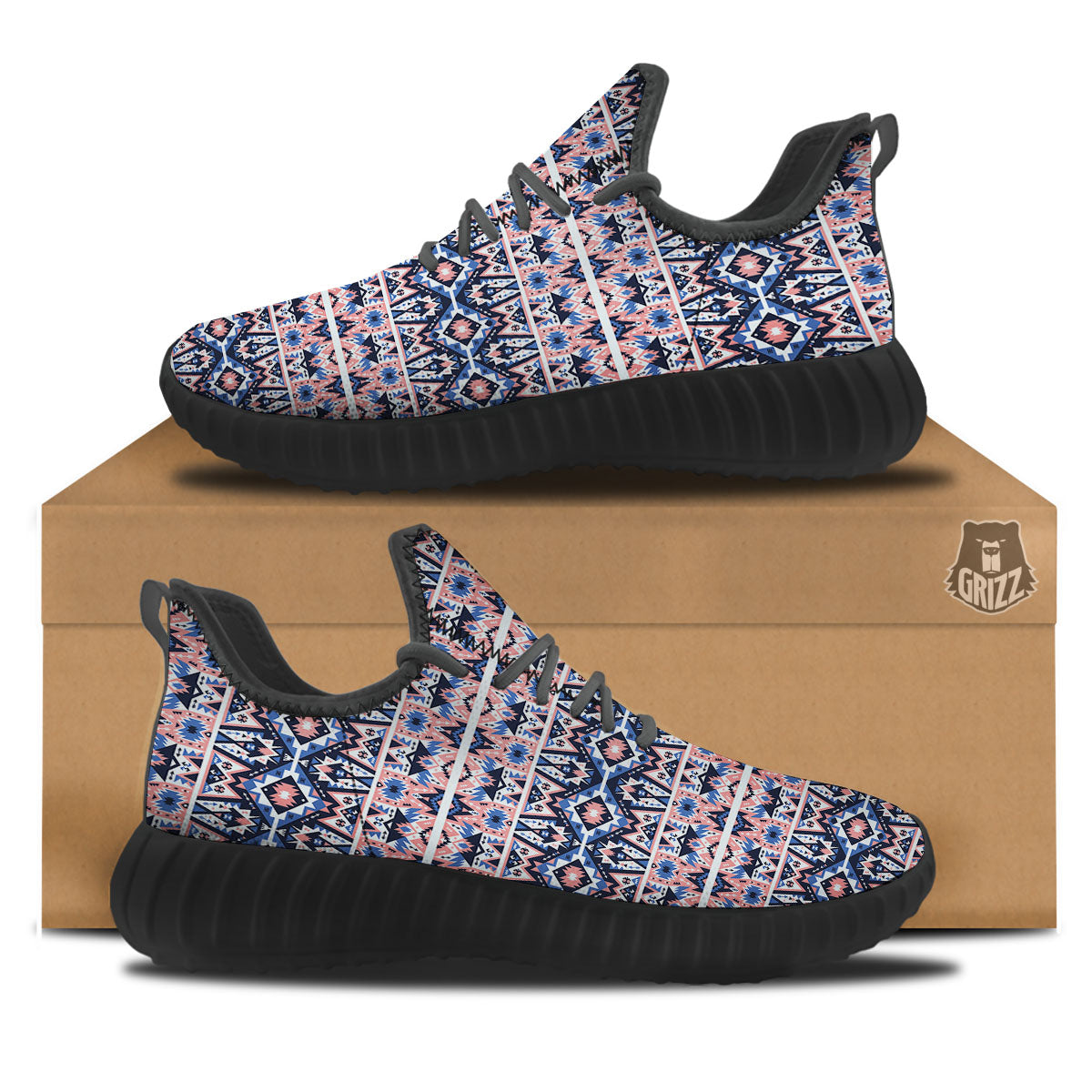 Southwestern Blue And Pink Print Pattern Black Walking Shoes-grizzshop