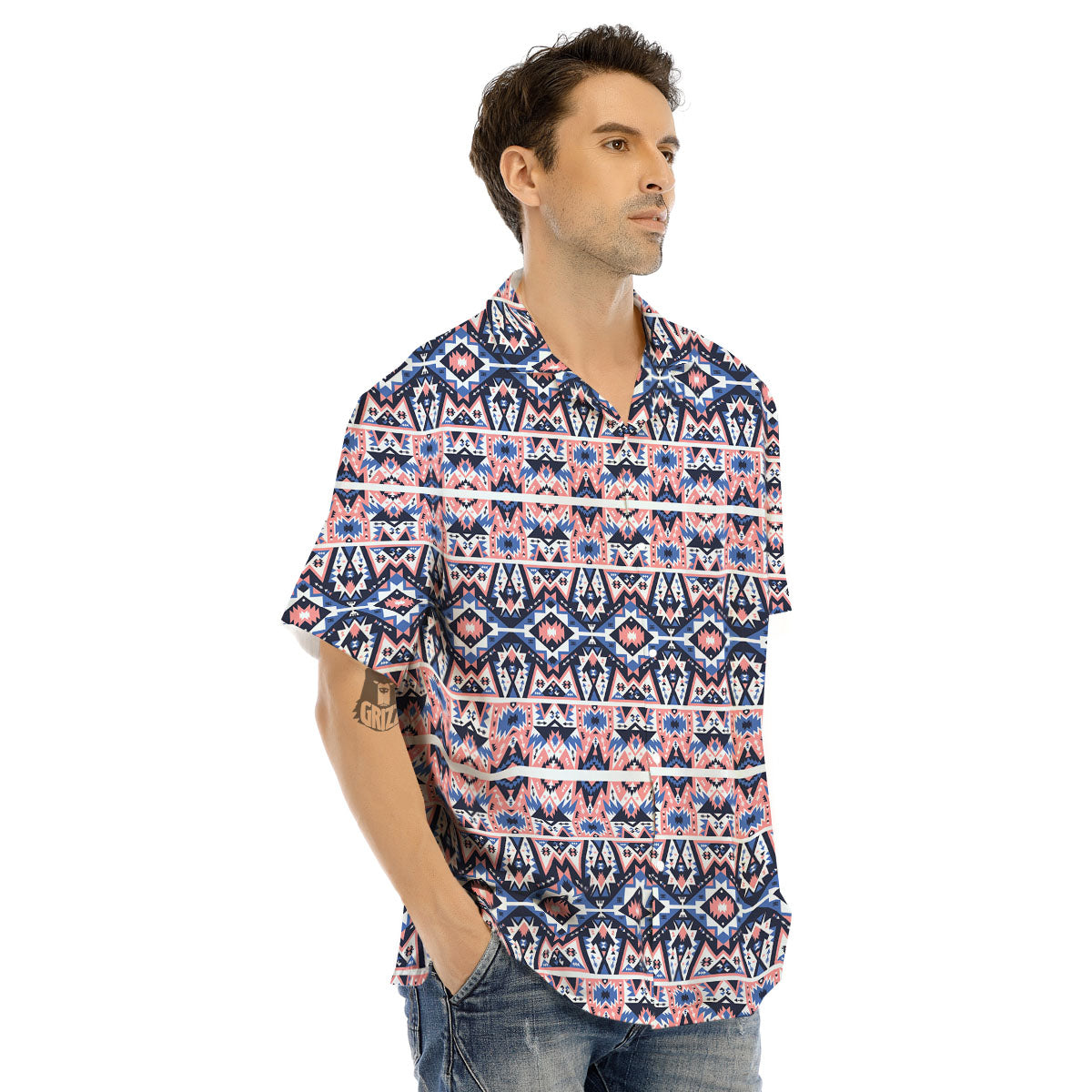 Southwestern Blue And Pink Print Pattern Men's Hawaiian Shirt-grizzshop