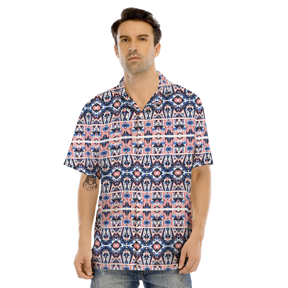 Southwestern Blue And Pink Print Pattern Men's Hawaiian Shirt-grizzshop