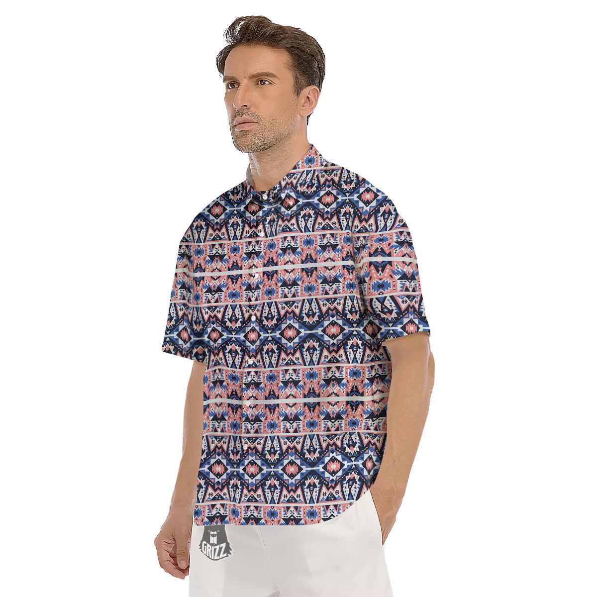 Southwestern Blue And Pink Print Pattern Men's Short Sleeve Shirts-grizzshop