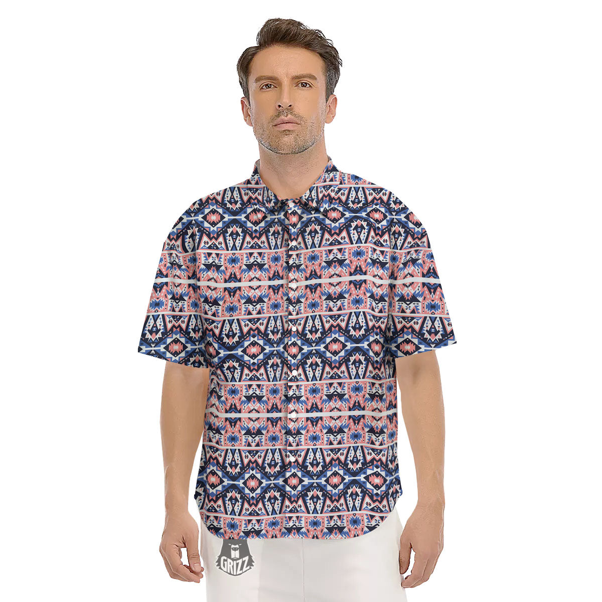 Southwestern Blue And Pink Print Pattern Men's Short Sleeve Shirts-grizzshop