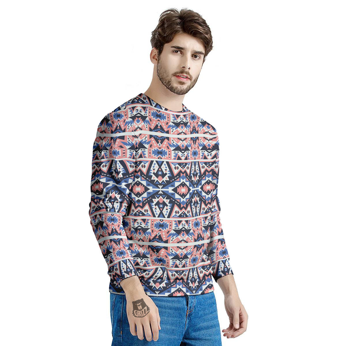 Southwestern Blue And Pink Print Pattern Men's Sweatshirt-grizzshop