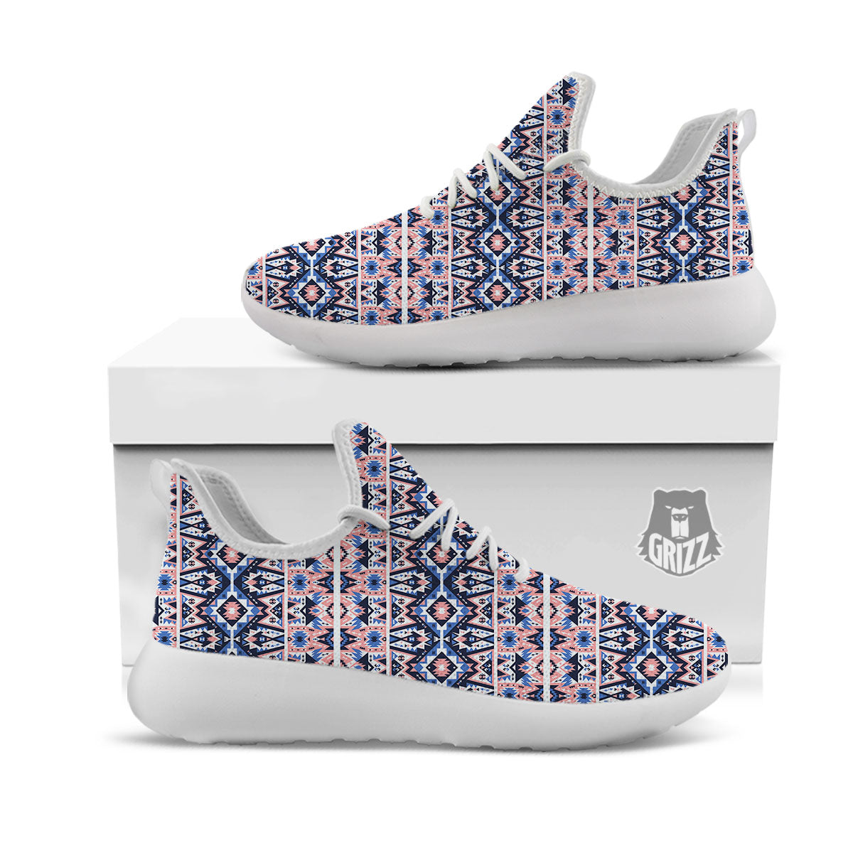 Southwestern Blue And Pink Print Pattern White Athletic Shoes-grizzshop