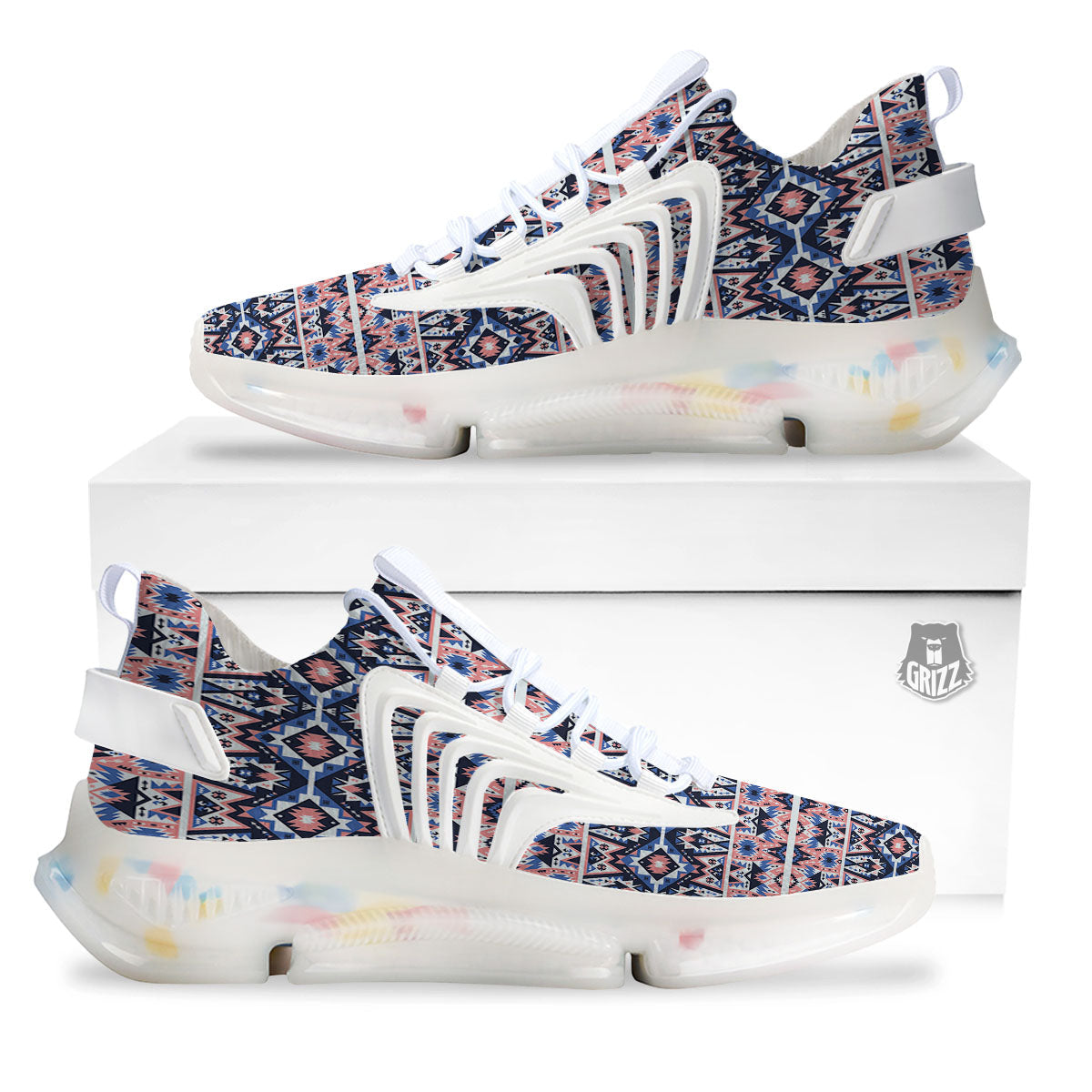Southwestern Blue And Pink Print Pattern White Gym Shoes-grizzshop