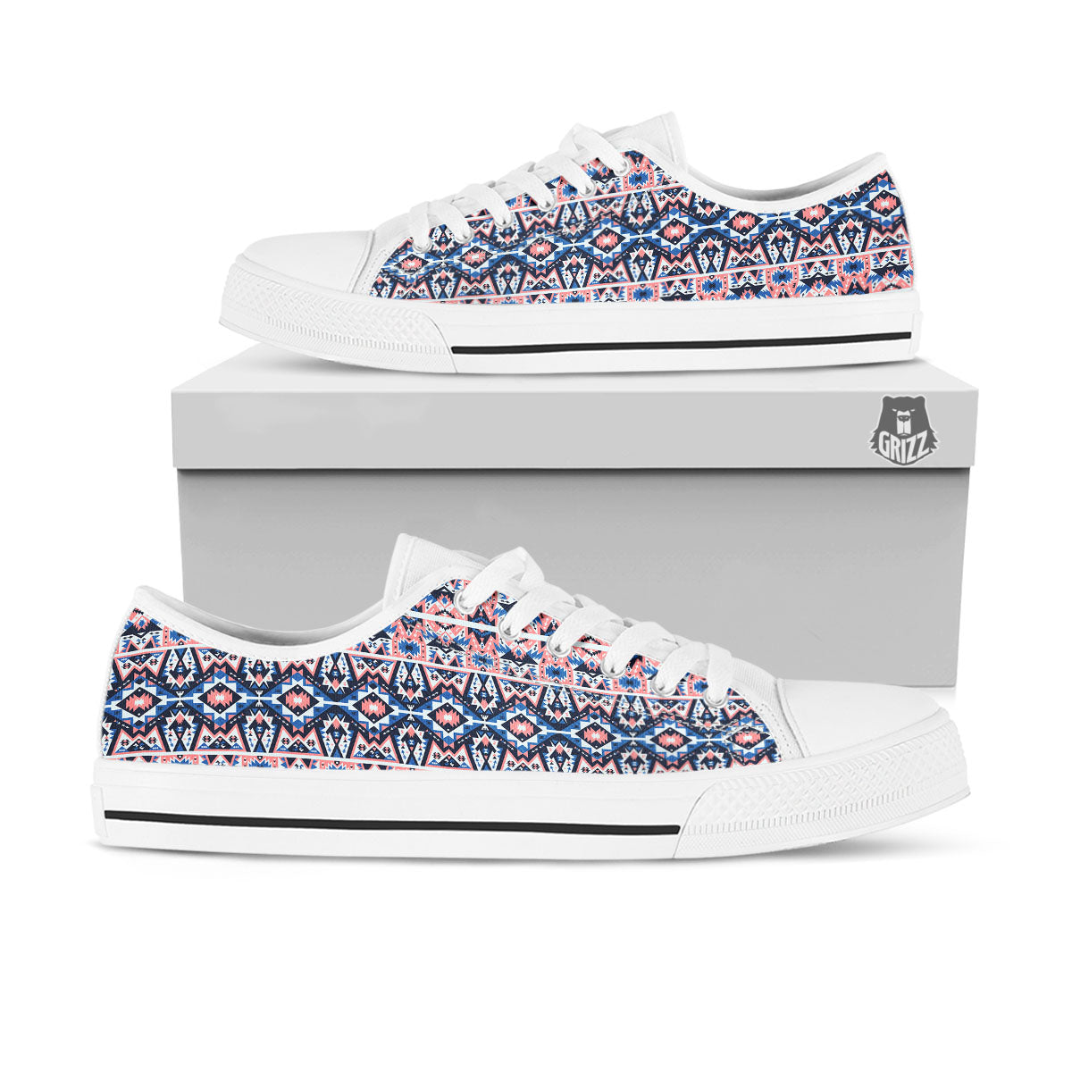 Southwestern Blue And Pink Print Pattern White Low Top Shoes-grizzshop