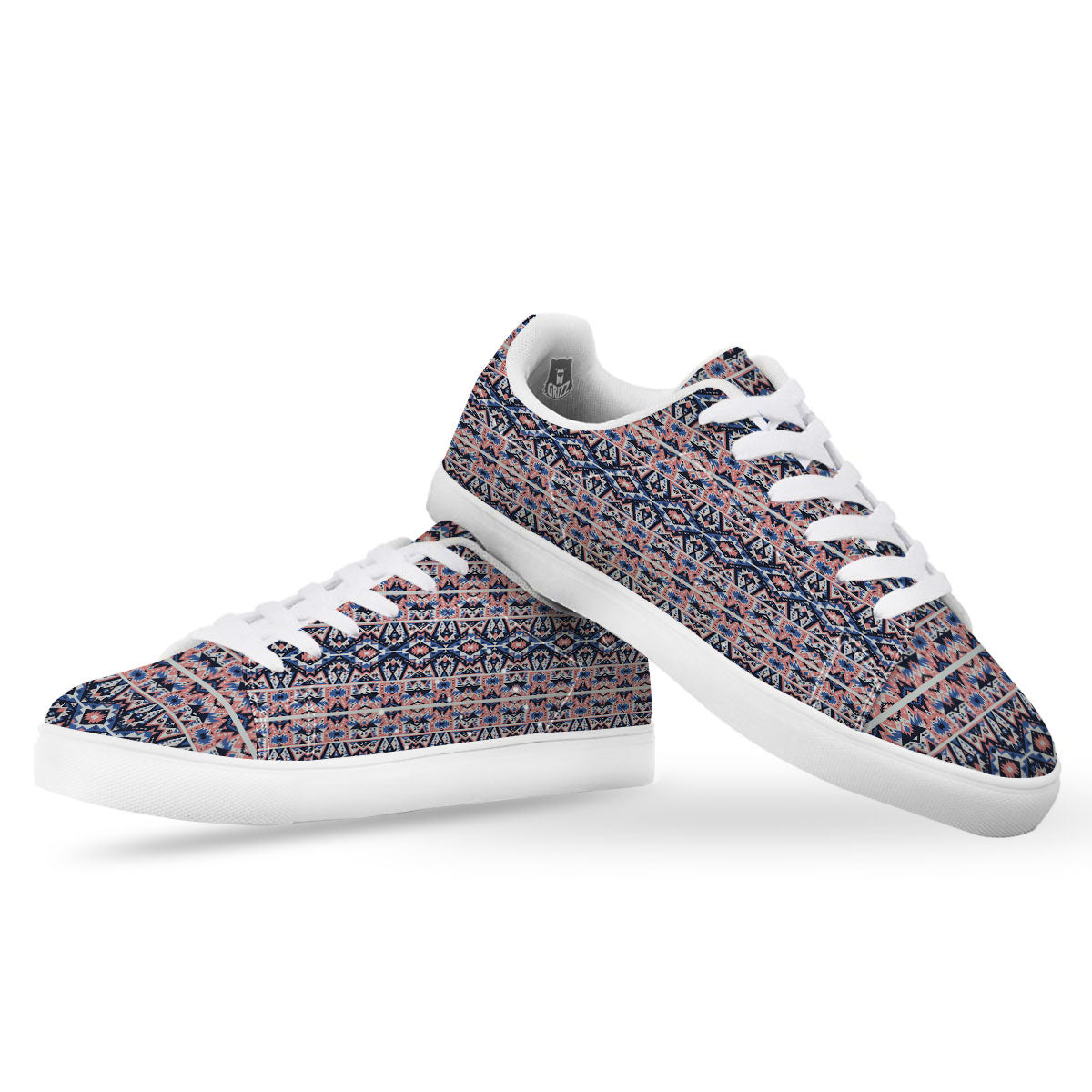 Southwestern Blue And Pink Print Pattern White Low Top Sneakers-grizzshop