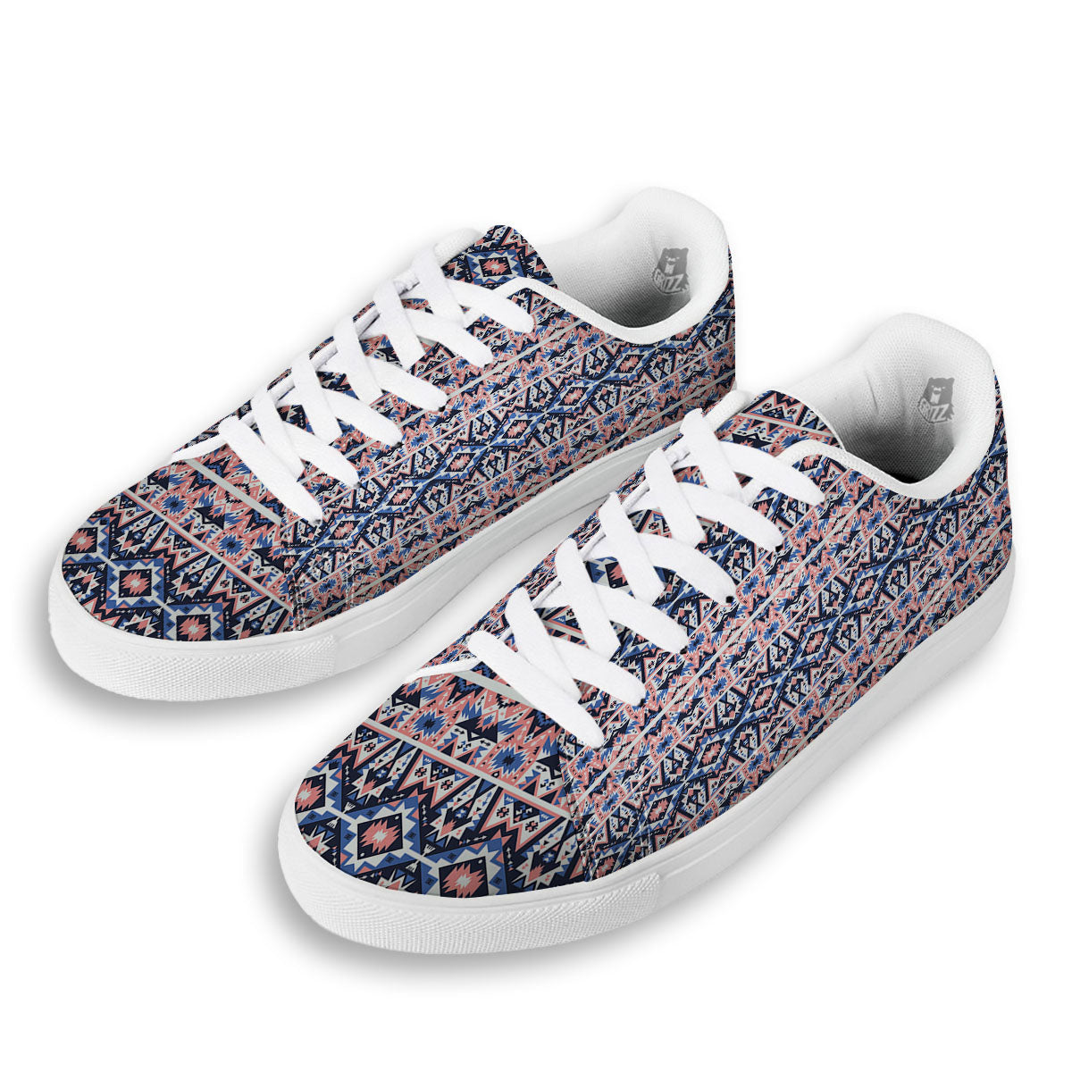 Southwestern Blue And Pink Print Pattern White Low Top Sneakers-grizzshop