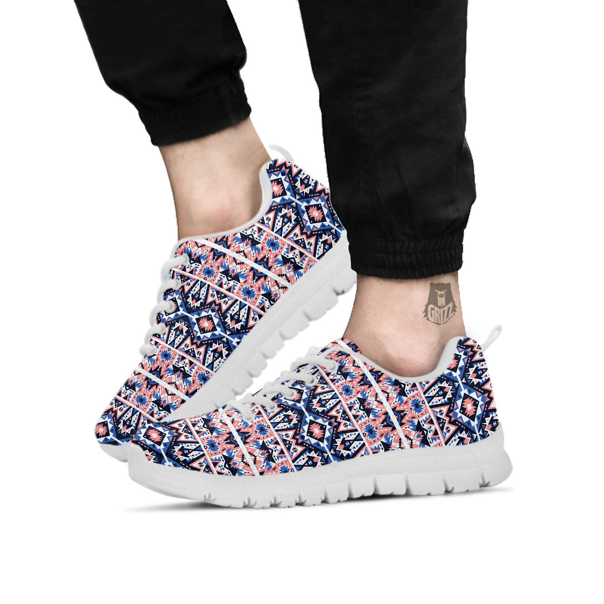 Southwestern Blue And Pink Print Pattern White Sneaker-grizzshop