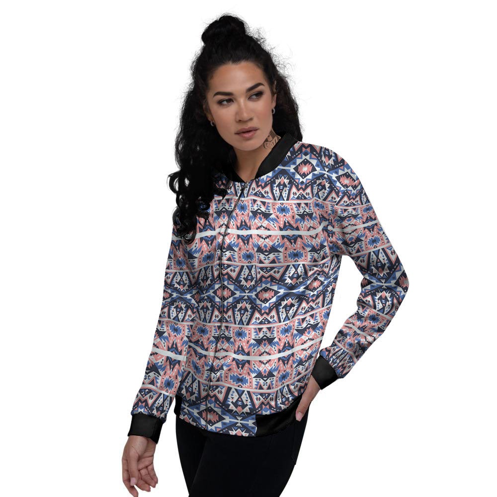 Southwestern Blue And Pink Print Pattern Women's Bomber Jacket-grizzshop