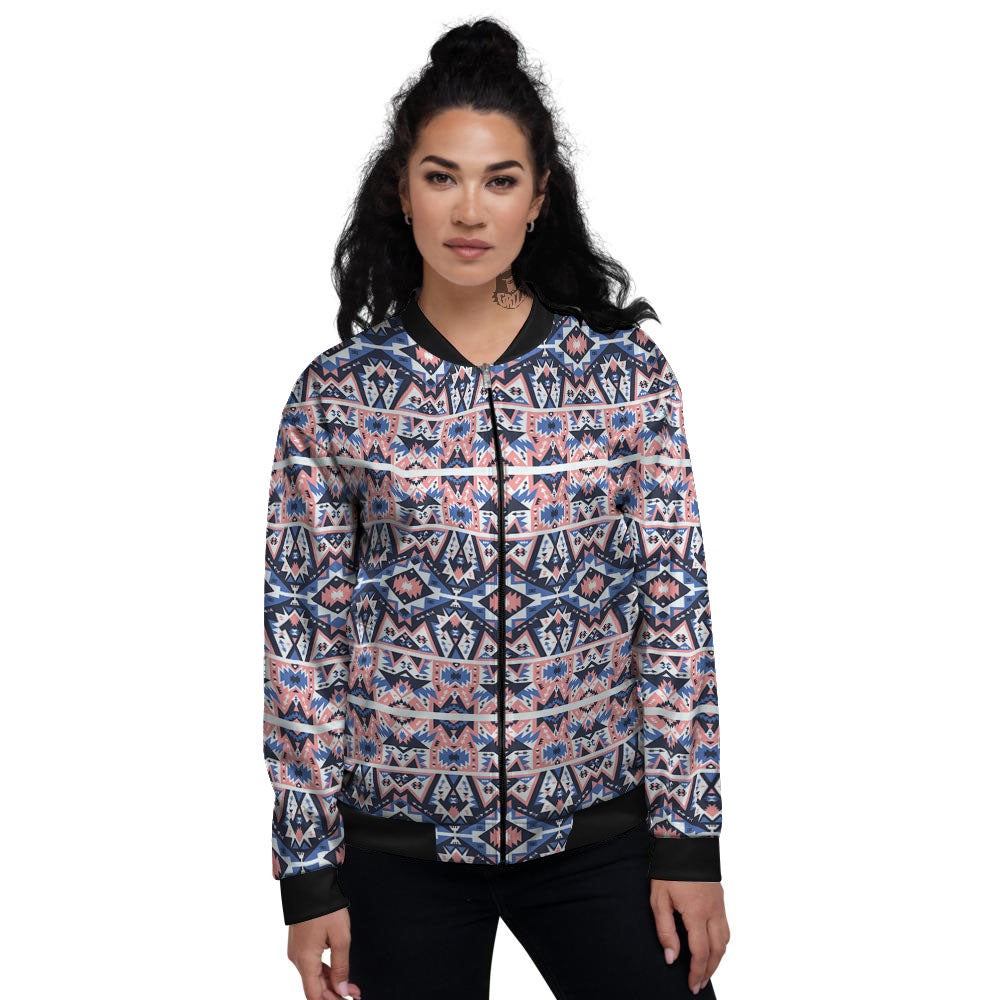Southwestern Blue And Pink Print Pattern Women's Bomber Jacket-grizzshop