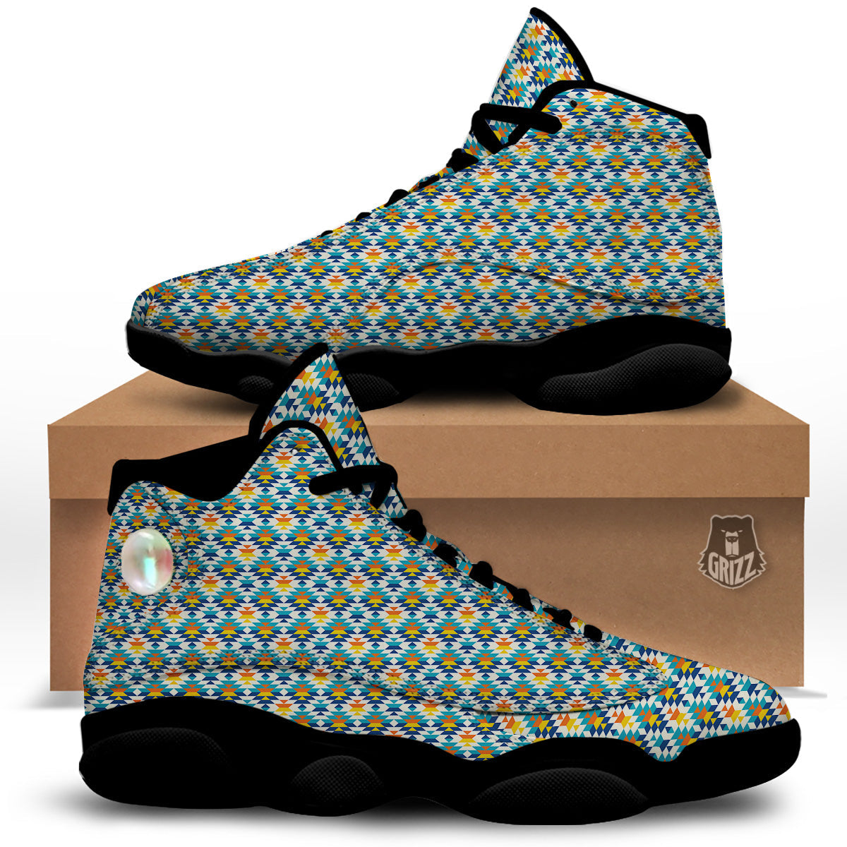 Southwestern Orange And Blue Print Black Basketball Shoes-grizzshop
