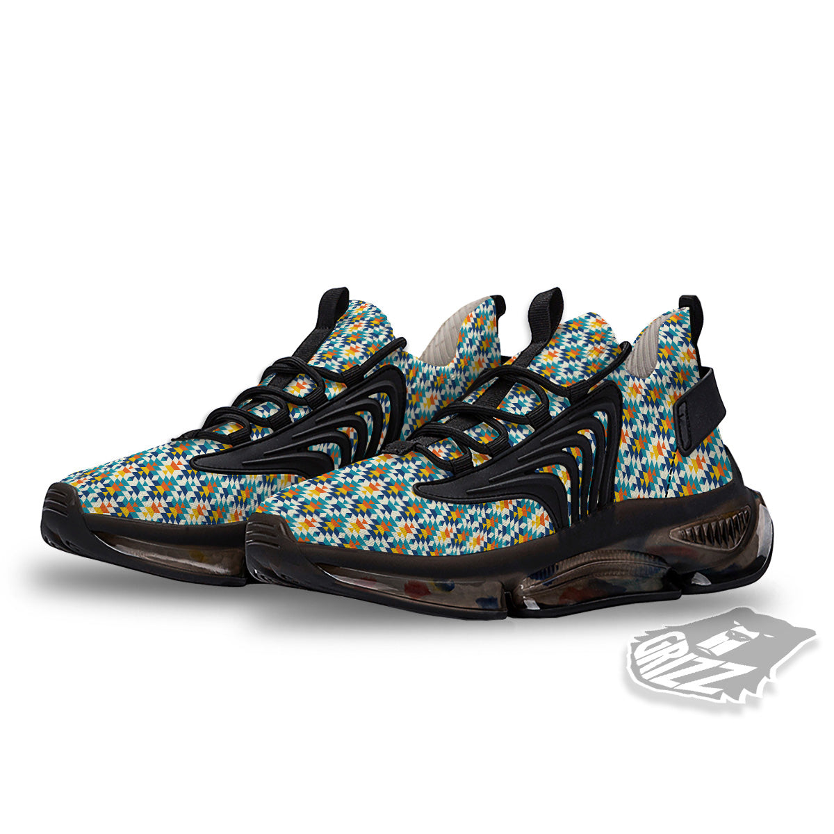 Southwestern Orange And Blue Print Black Gym Shoes-grizzshop