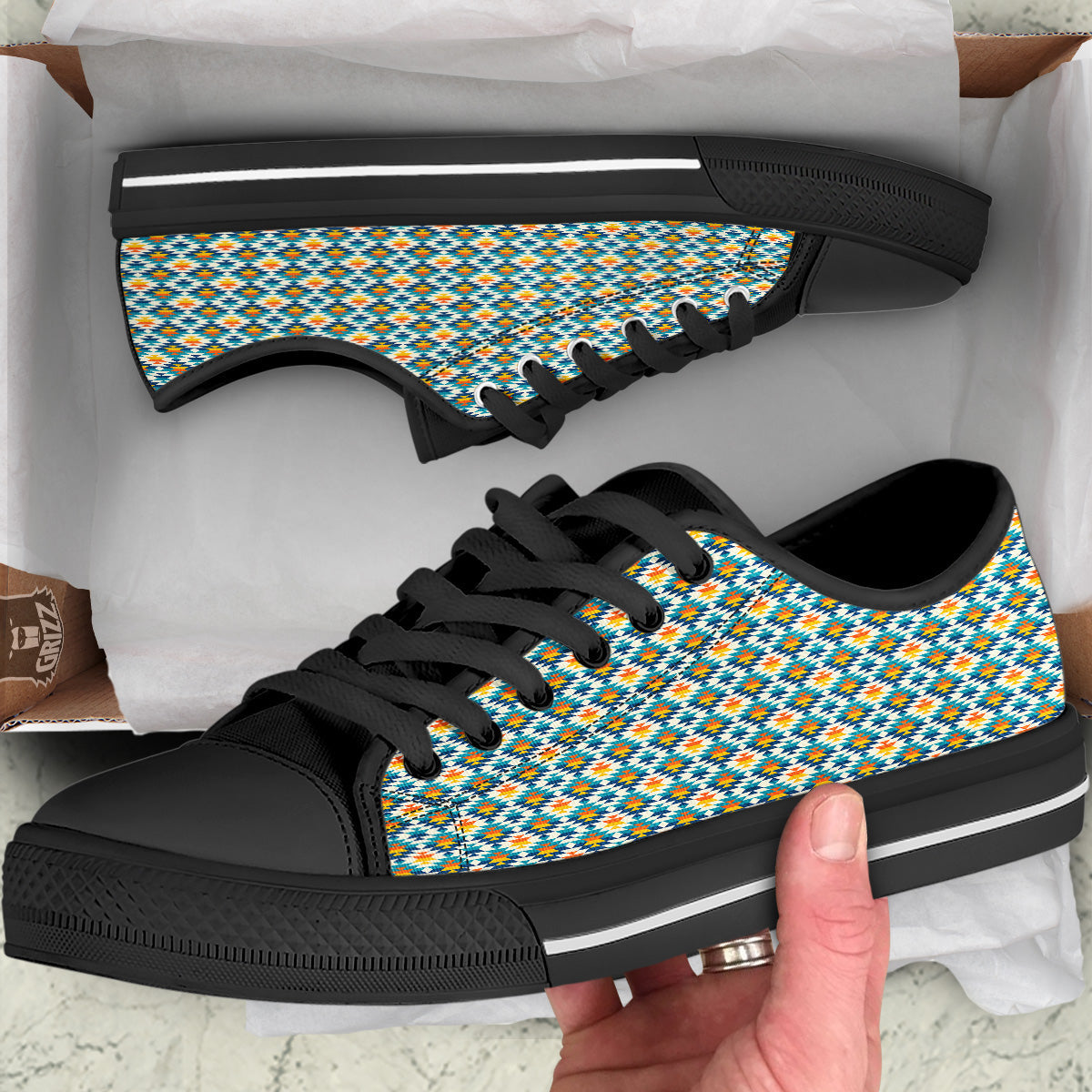 Southwestern Orange And Blue Print Black Low Top Shoes-grizzshop