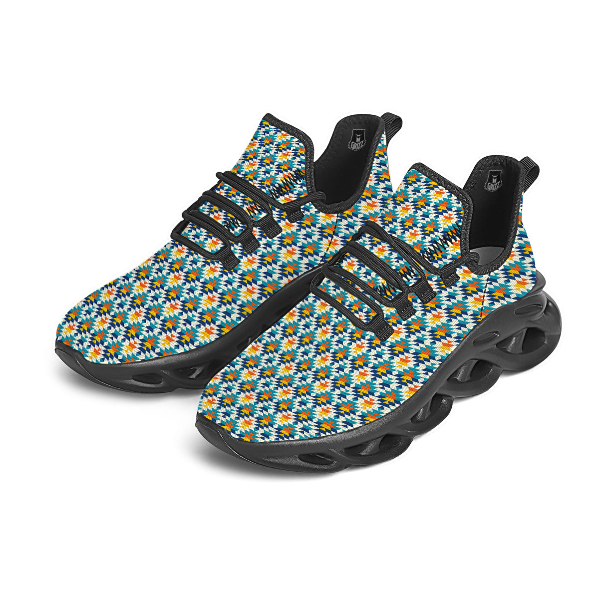 Southwestern Orange And Blue Print Black Running Shoes-grizzshop