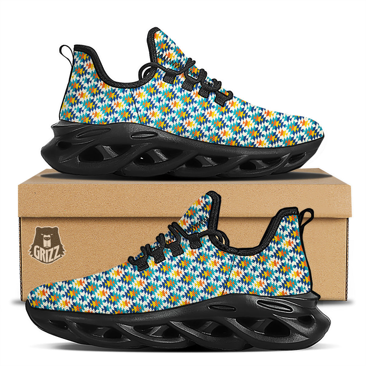 Southwestern Orange And Blue Print Black Running Shoes-grizzshop