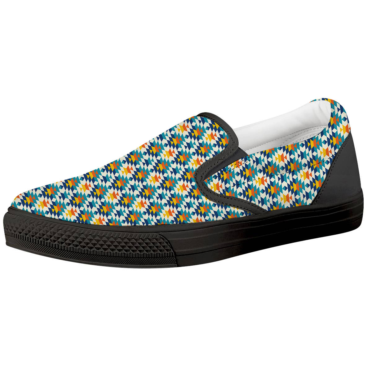 Southwestern Orange And Blue Print Black Slip On Shoes-grizzshop
