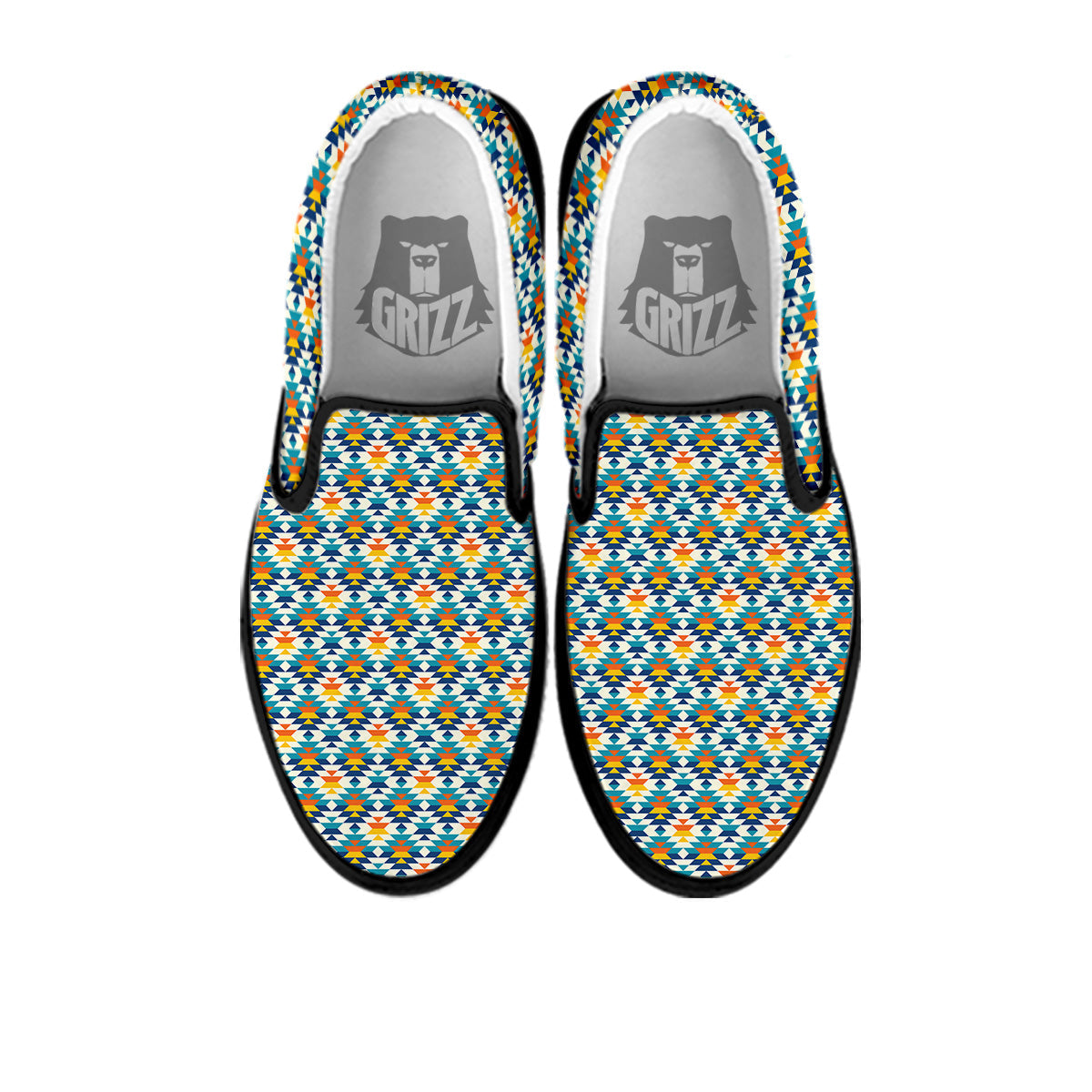Southwestern Orange And Blue Print Black Slip On Shoes-grizzshop