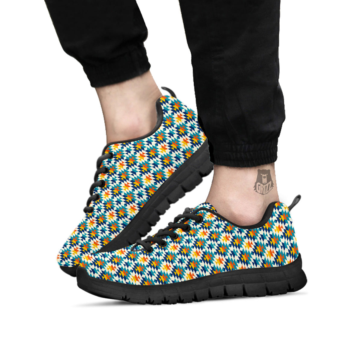 Southwestern Orange And Blue Print Black Sneaker-grizzshop