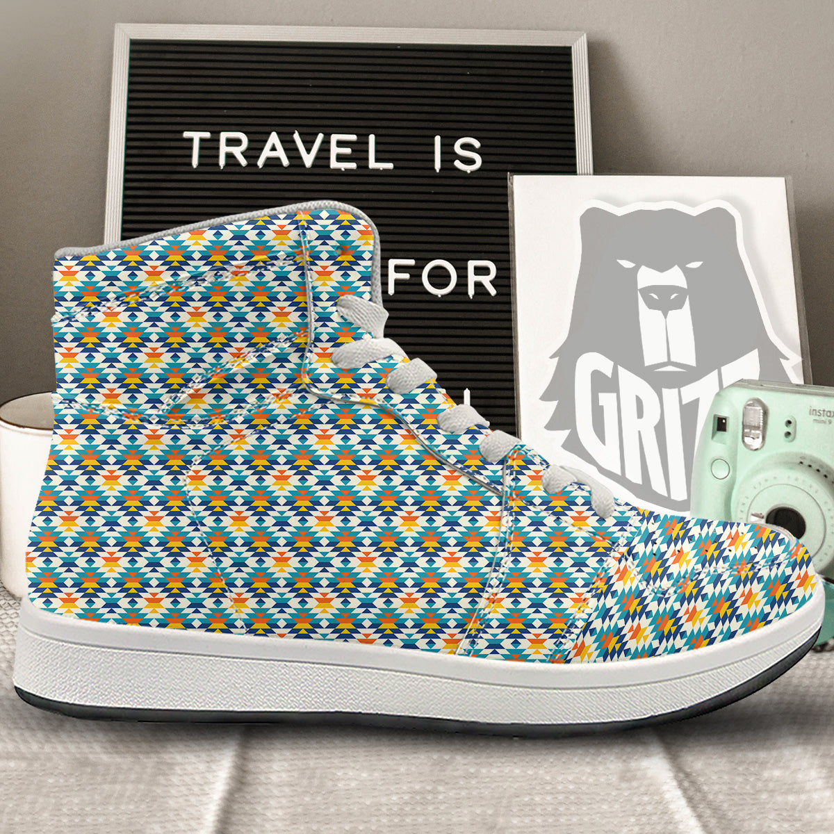 Southwestern Orange And Blue Print High Top Sneakers-grizzshop
