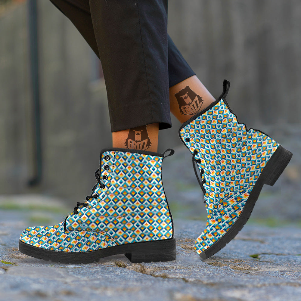 Southwestern Orange And Blue Print Leather Boots-grizzshop