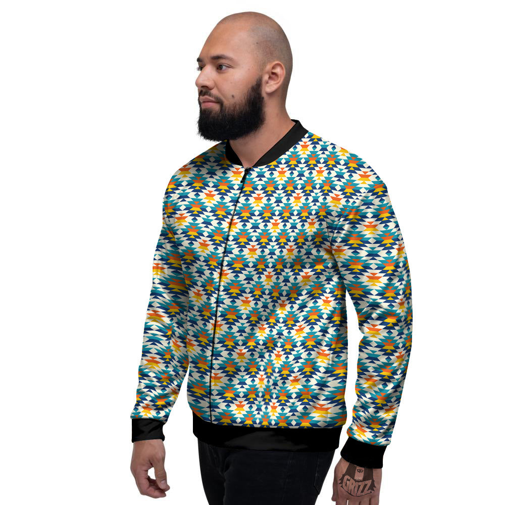 Southwestern Orange And Blue Print Men's Bomber Jacket-grizzshop