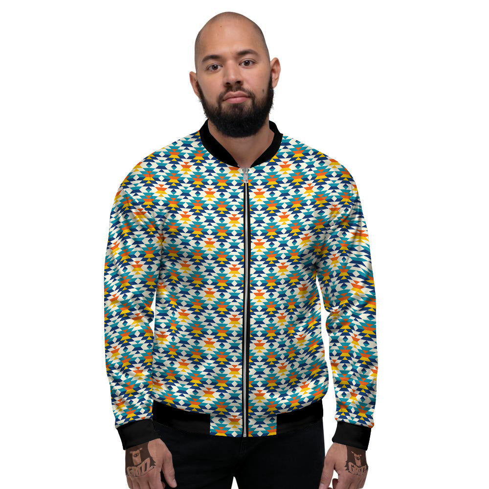 Southwestern Orange And Blue Print Men's Bomber Jacket-grizzshop