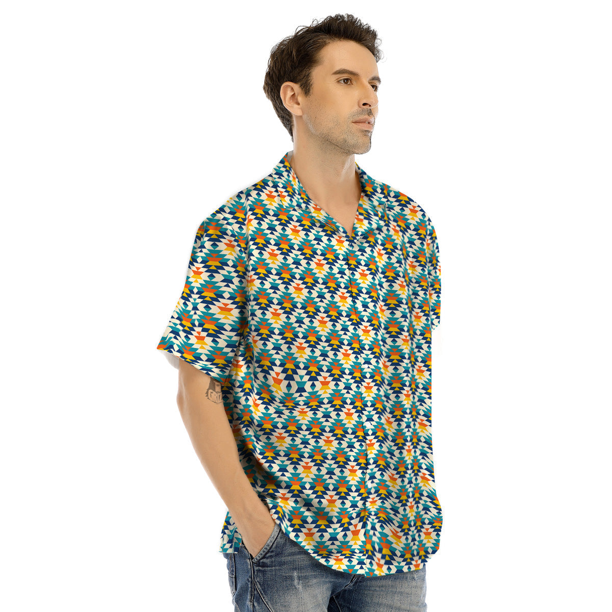 Southwestern Orange And Blue Print Men's Hawaiian Shirt-grizzshop