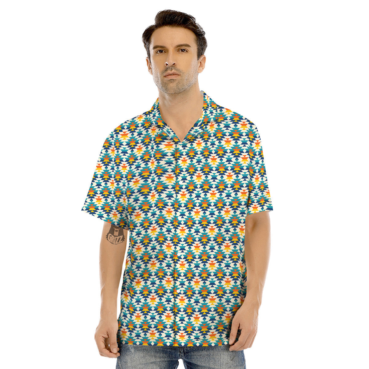 Southwestern Orange And Blue Print Men's Hawaiian Shirt-grizzshop
