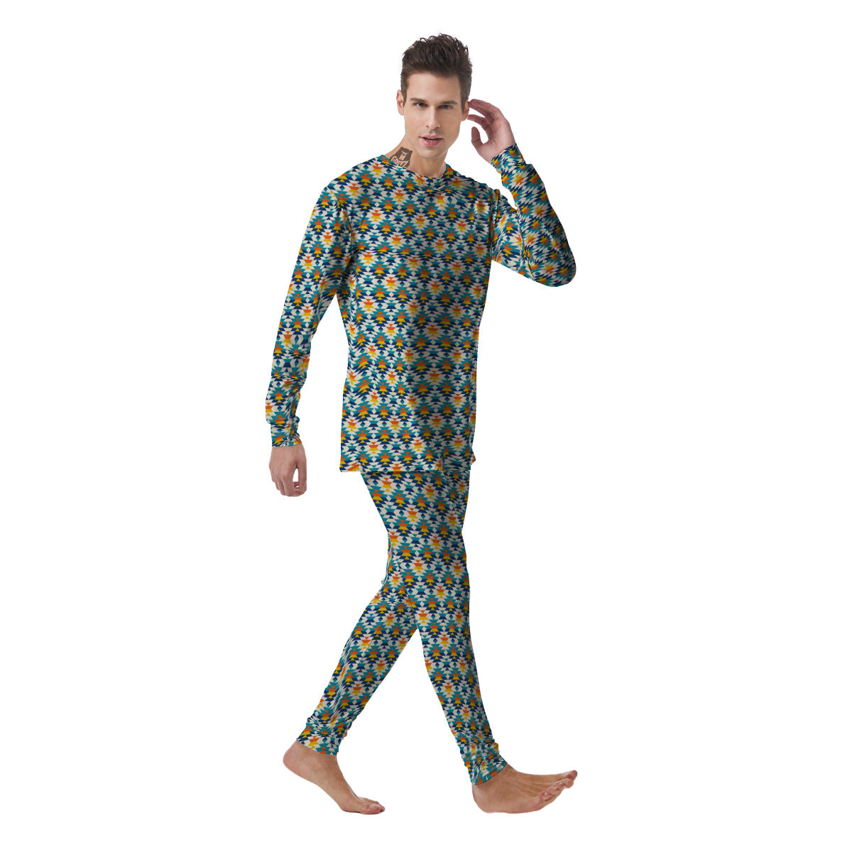 Southwestern Orange And Blue Print Men's Pajamas-grizzshop